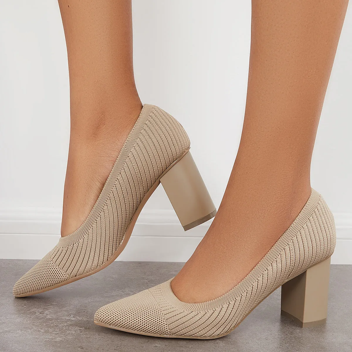 Sohiwoo woman formal Women Knit Office Pumps Pointed Toe Chunky Heel Dress Shoes