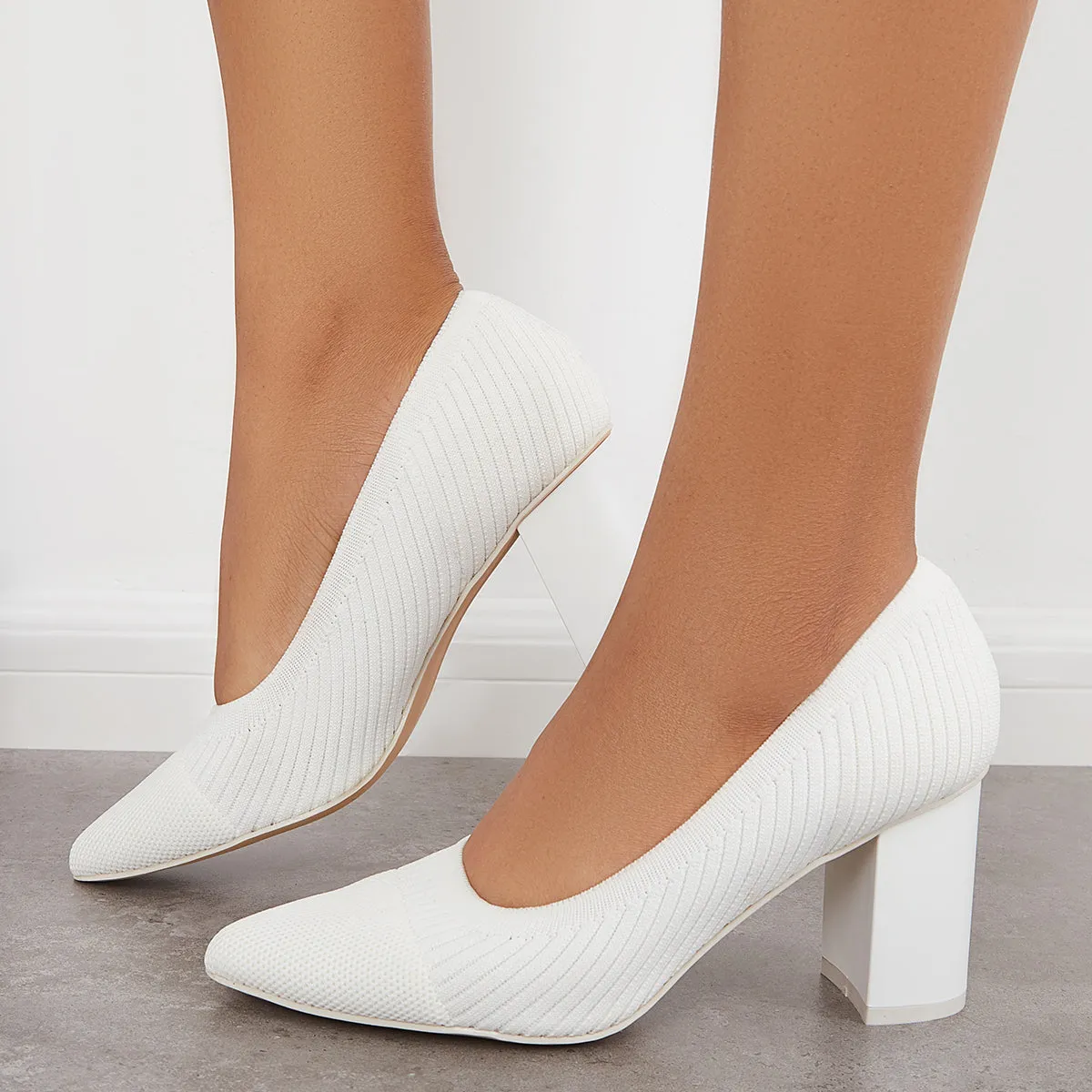 Sohiwoo woman formal Women Knit Office Pumps Pointed Toe Chunky Heel Dress Shoes