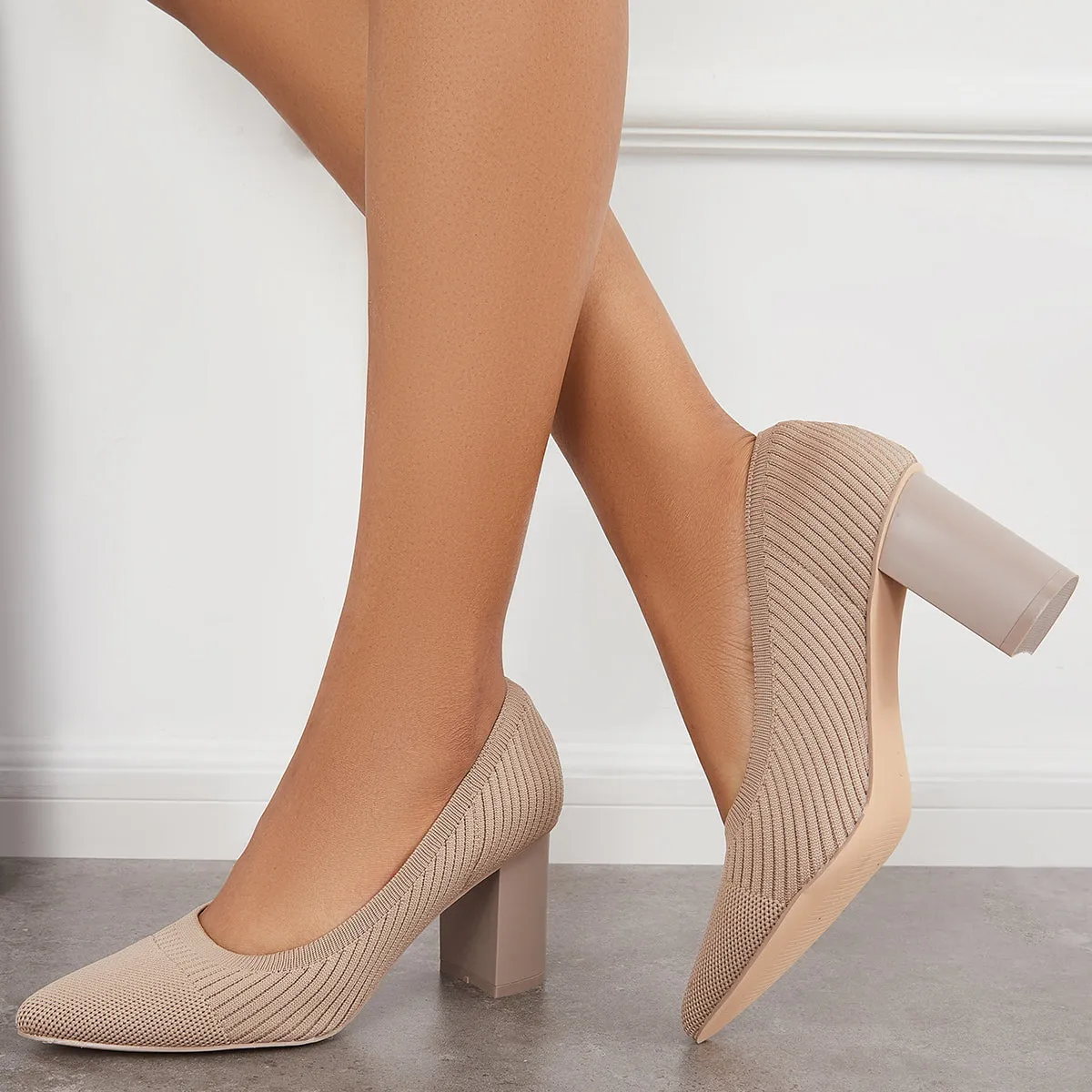Sohiwoo woman formal Women Knit Office Pumps Pointed Toe Chunky Heel Dress Shoes