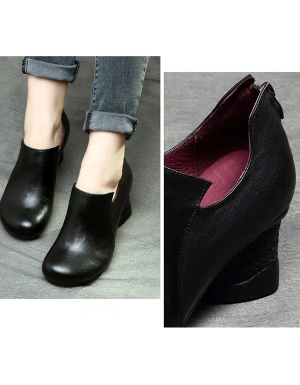 Spring Leather Chunky Heel Handmade Women's Shoes