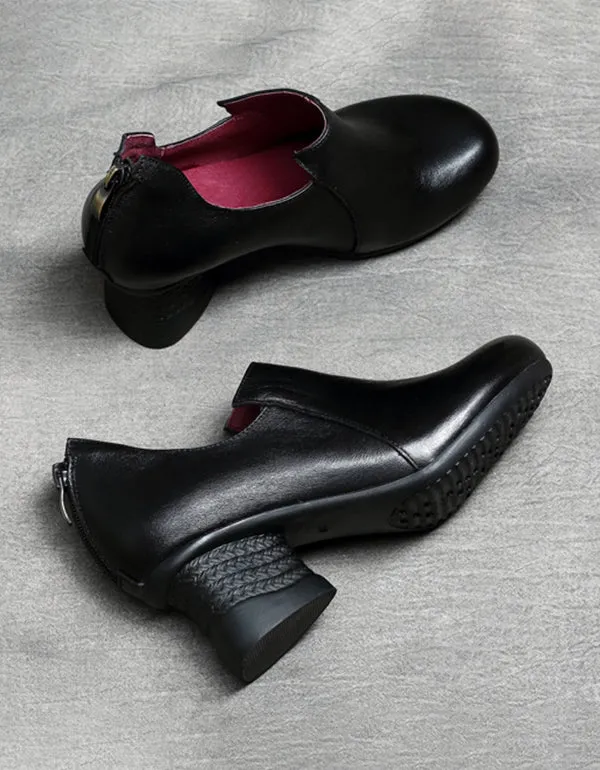 Spring Leather Chunky Heel Handmade Women's Shoes