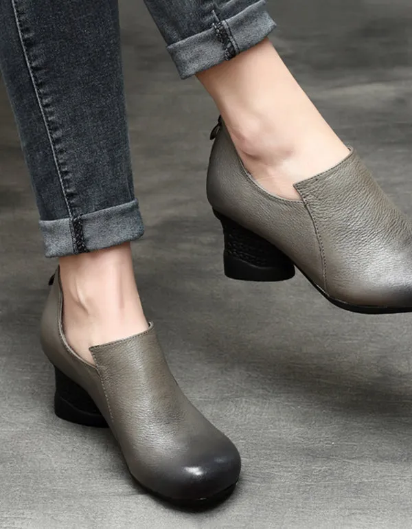Spring Leather Chunky Heel Handmade Women's Shoes