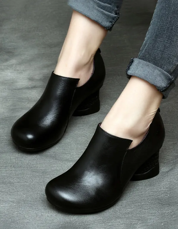 Spring Leather Chunky Heel Handmade Women's Shoes