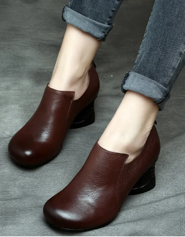 Spring Leather Chunky Heel Handmade Women's Shoes