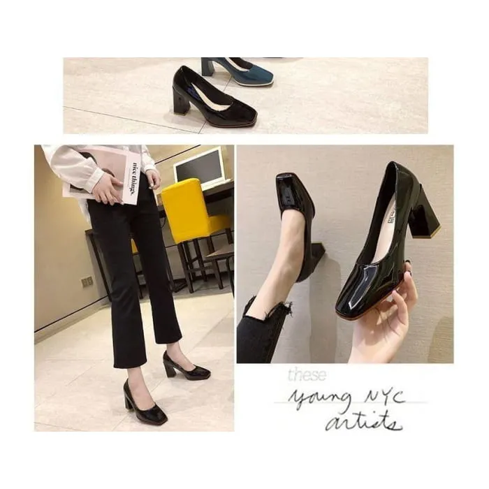 Square-Toe Chunky Heel Patent Pumps