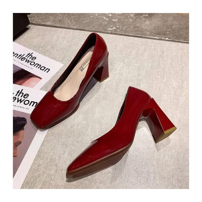 Square-Toe Chunky Heel Patent Pumps