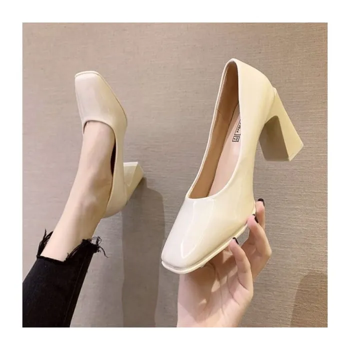 Square-Toe Chunky Heel Patent Pumps
