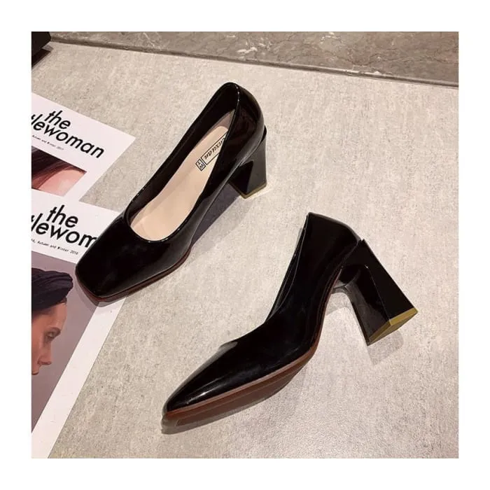 Square-Toe Chunky Heel Patent Pumps