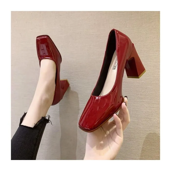 Square-Toe Chunky Heel Patent Pumps