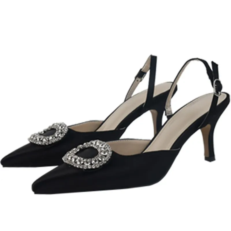 Stiletto Pointed Rhinestone Buckle Satin Pump Shoes