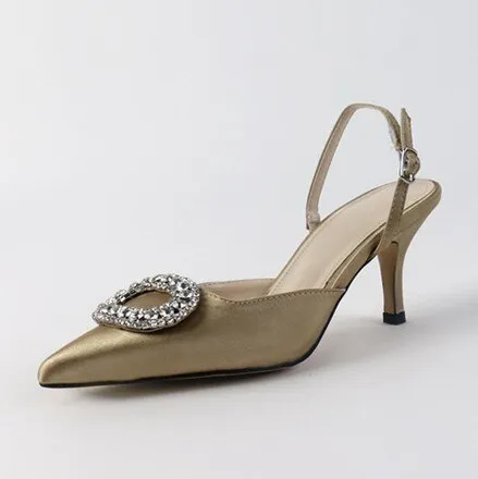 Stiletto Pointed Rhinestone Buckle Satin Pump Shoes