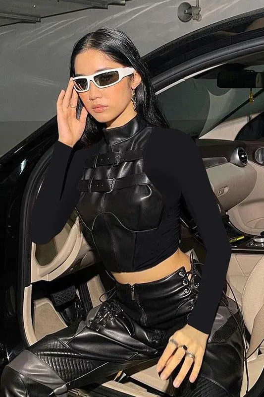 Street Motorcycle Style PU Leather Mesh Stitching T-shirt