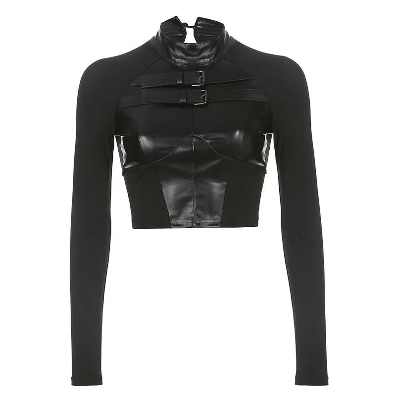 Street Motorcycle Style PU Leather Mesh Stitching T-shirt