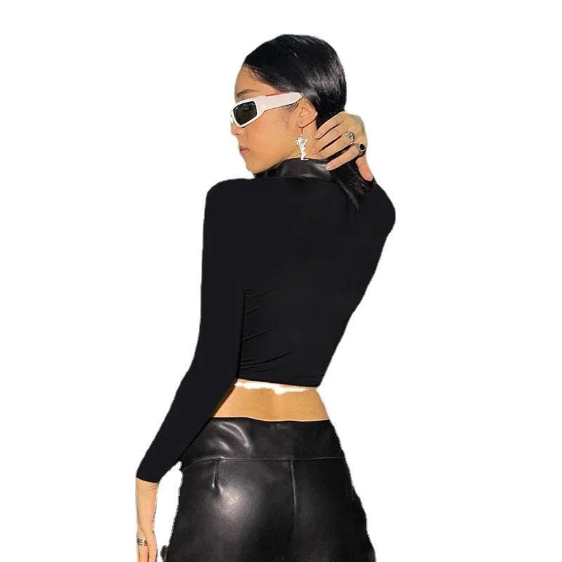Street Motorcycle Style PU Leather Mesh Stitching T-shirt