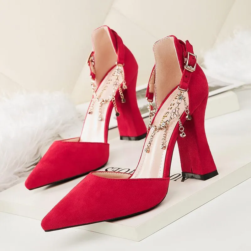 Suede Chunky Heel Adjust Buckle Point Toe Pumps