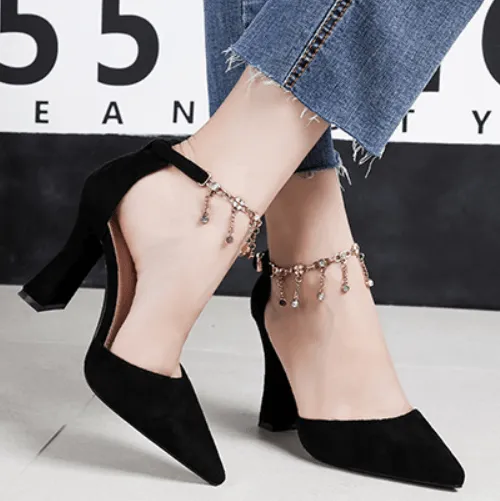 Suede Chunky Heel Adjust Buckle Point Toe Pumps