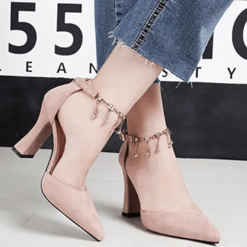 Suede Chunky Heel Adjust Buckle Point Toe Pumps