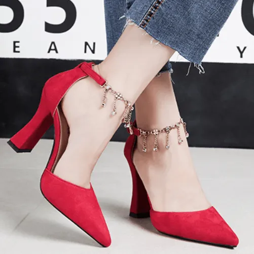 Suede Chunky Heel Adjust Buckle Point Toe Pumps