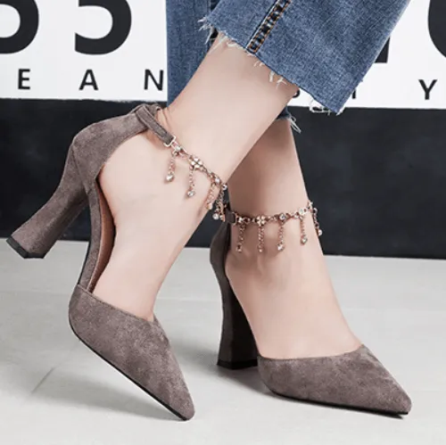 Suede Chunky Heel Adjust Buckle Point Toe Pumps