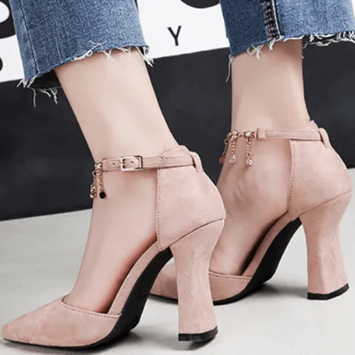 Suede Chunky Heel Adjust Buckle Point Toe Pumps
