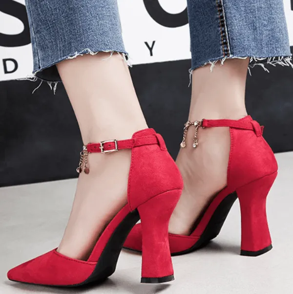 Suede Chunky Heel Adjust Buckle Point Toe Pumps