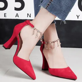 Suede Chunky Heel Adjust Buckle Point Toe Pumps