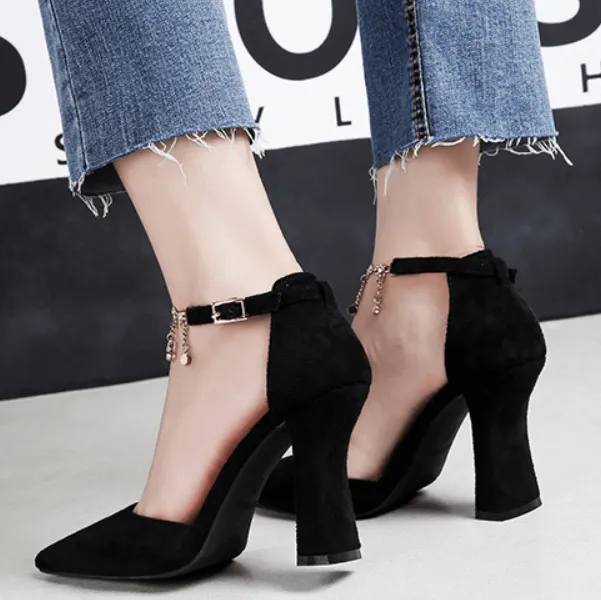 Suede Chunky Heel Adjust Buckle Point Toe Pumps