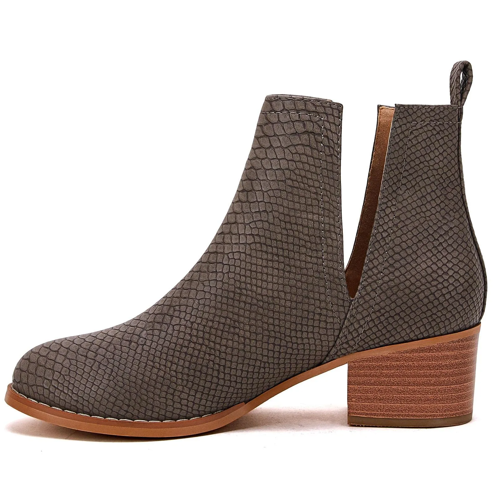 Taupe Brown Snakeskin Faux Leather Closed Toe Ankle Booties