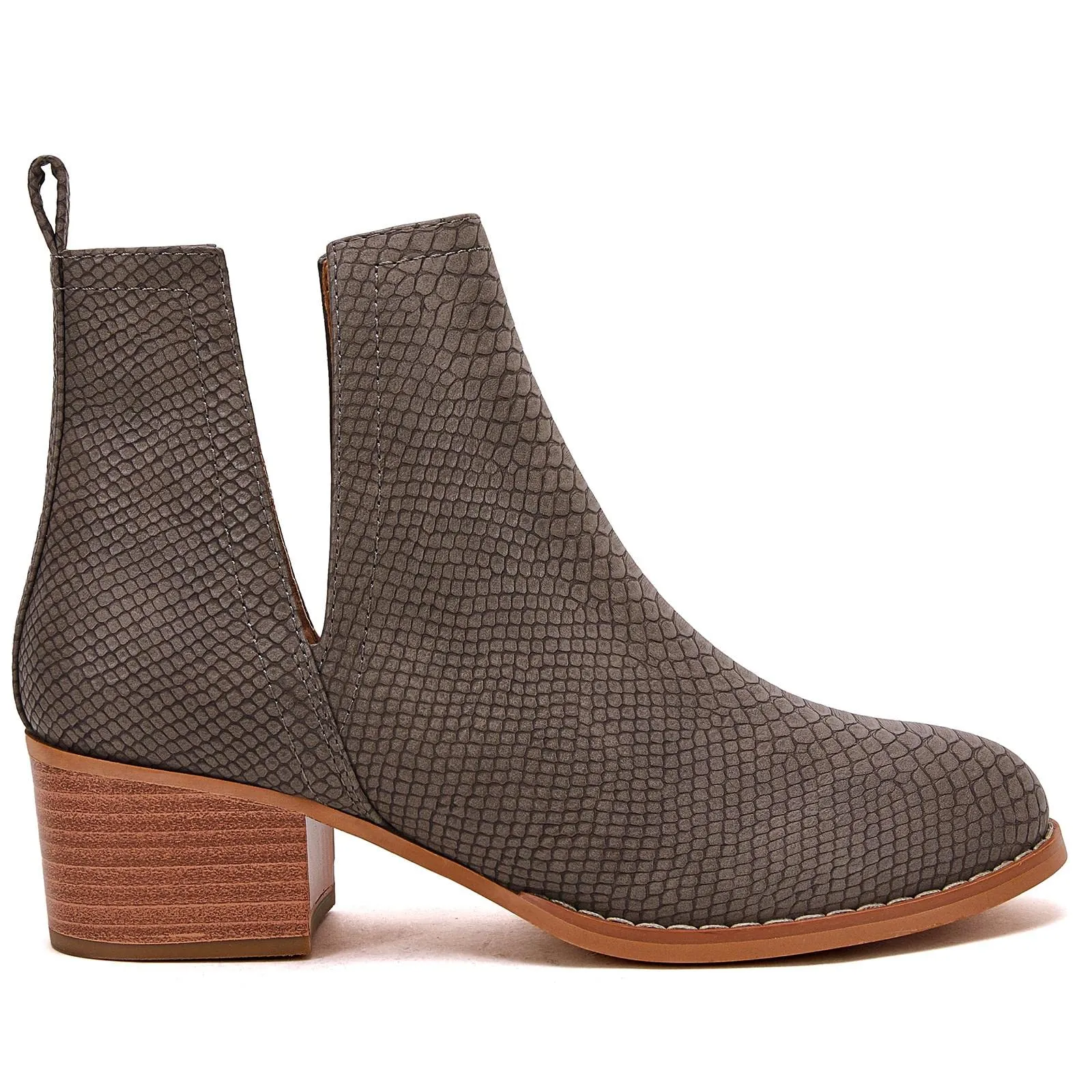 Taupe Brown Snakeskin Faux Leather Closed Toe Ankle Booties