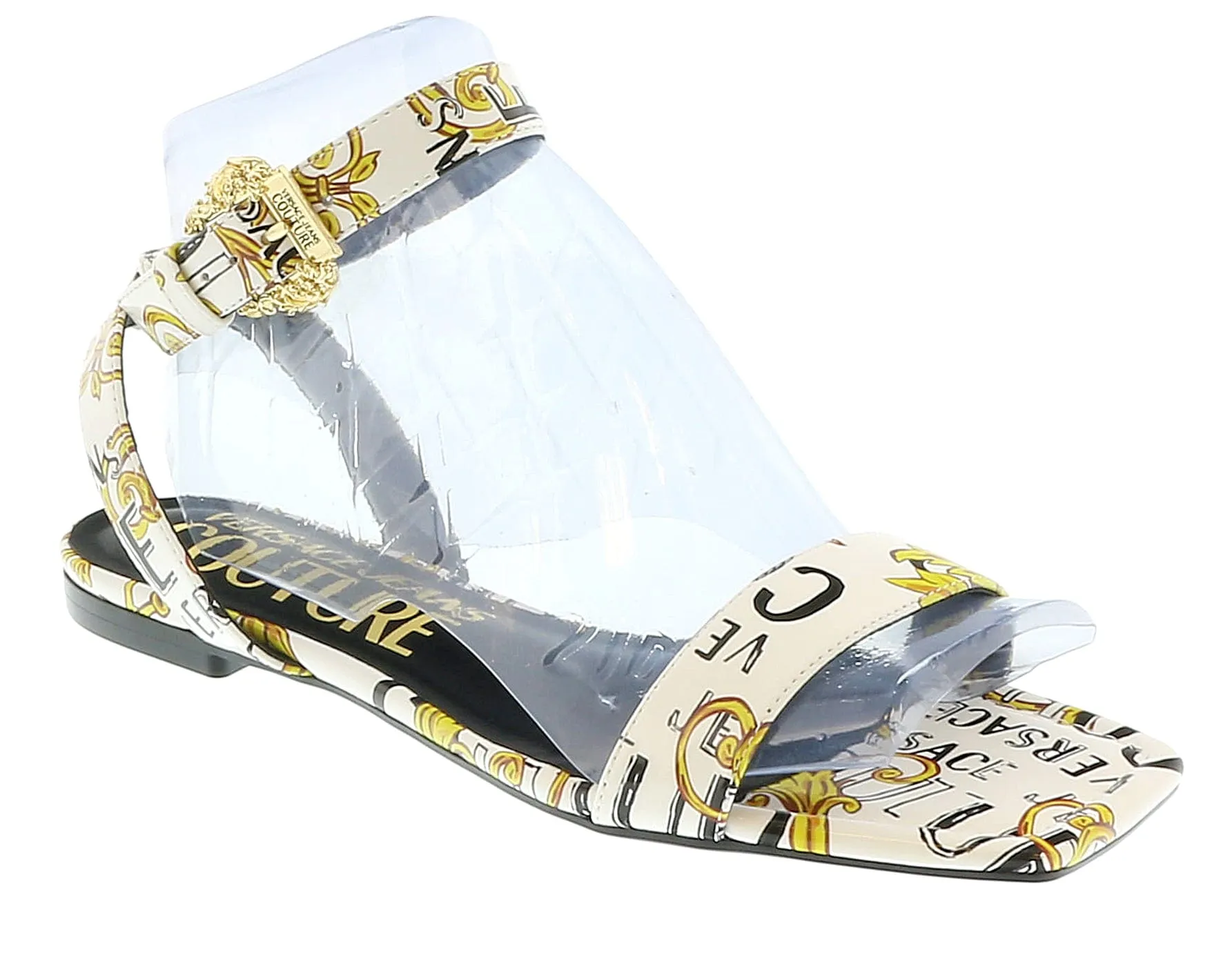 Versace Jeans Couture White Gold Logo Baroque Flat Sandals-