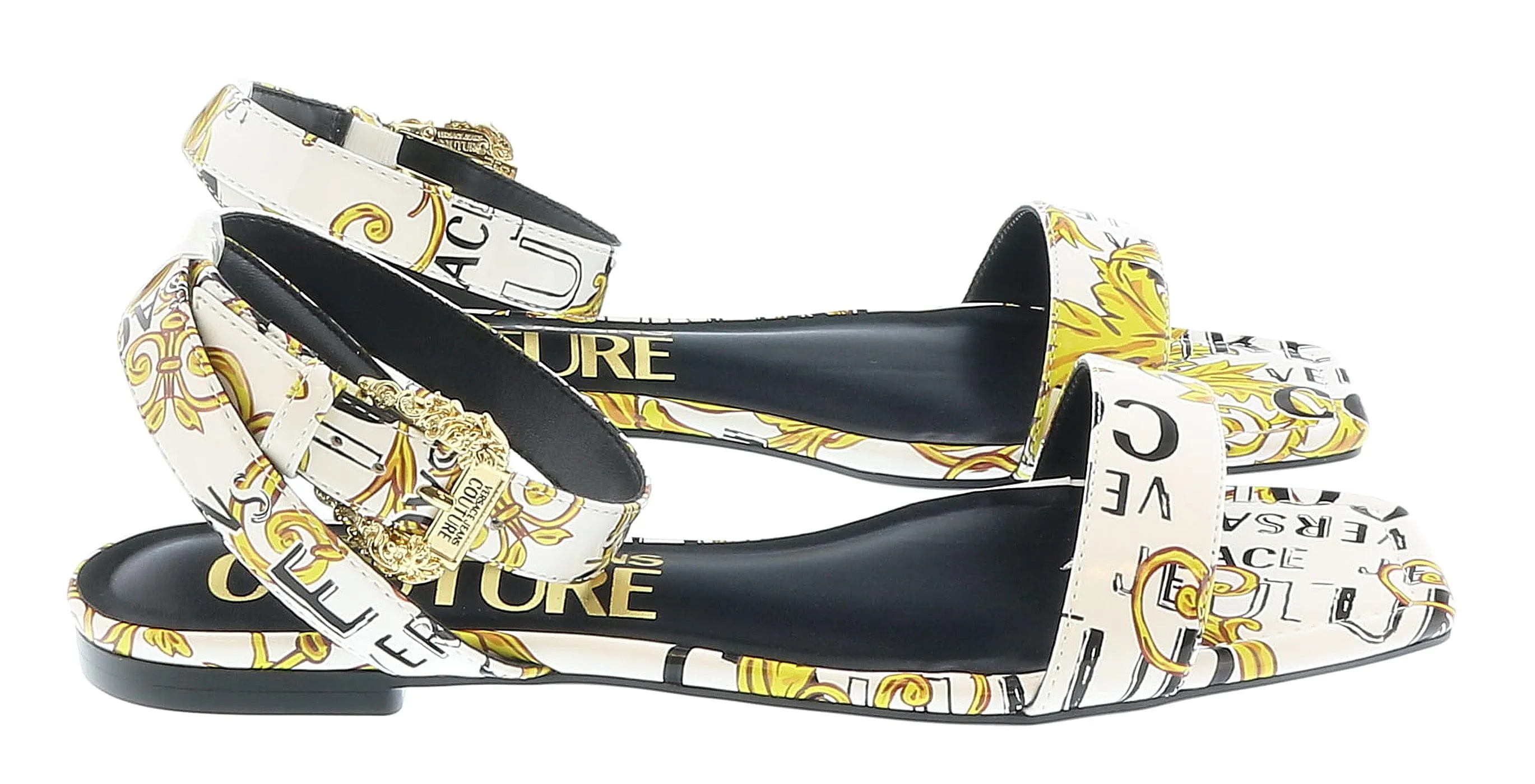 Versace Jeans Couture White Gold Logo Baroque Flat Sandals-