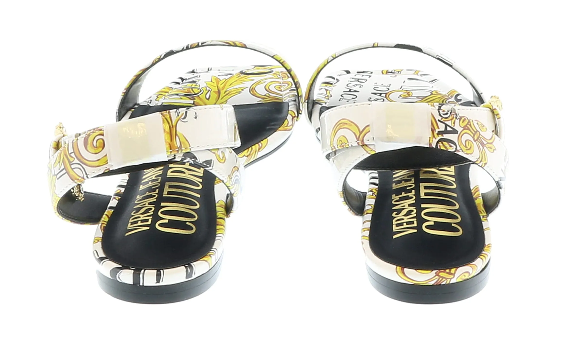 Versace Jeans Couture White Gold Logo Baroque Flat Sandals-