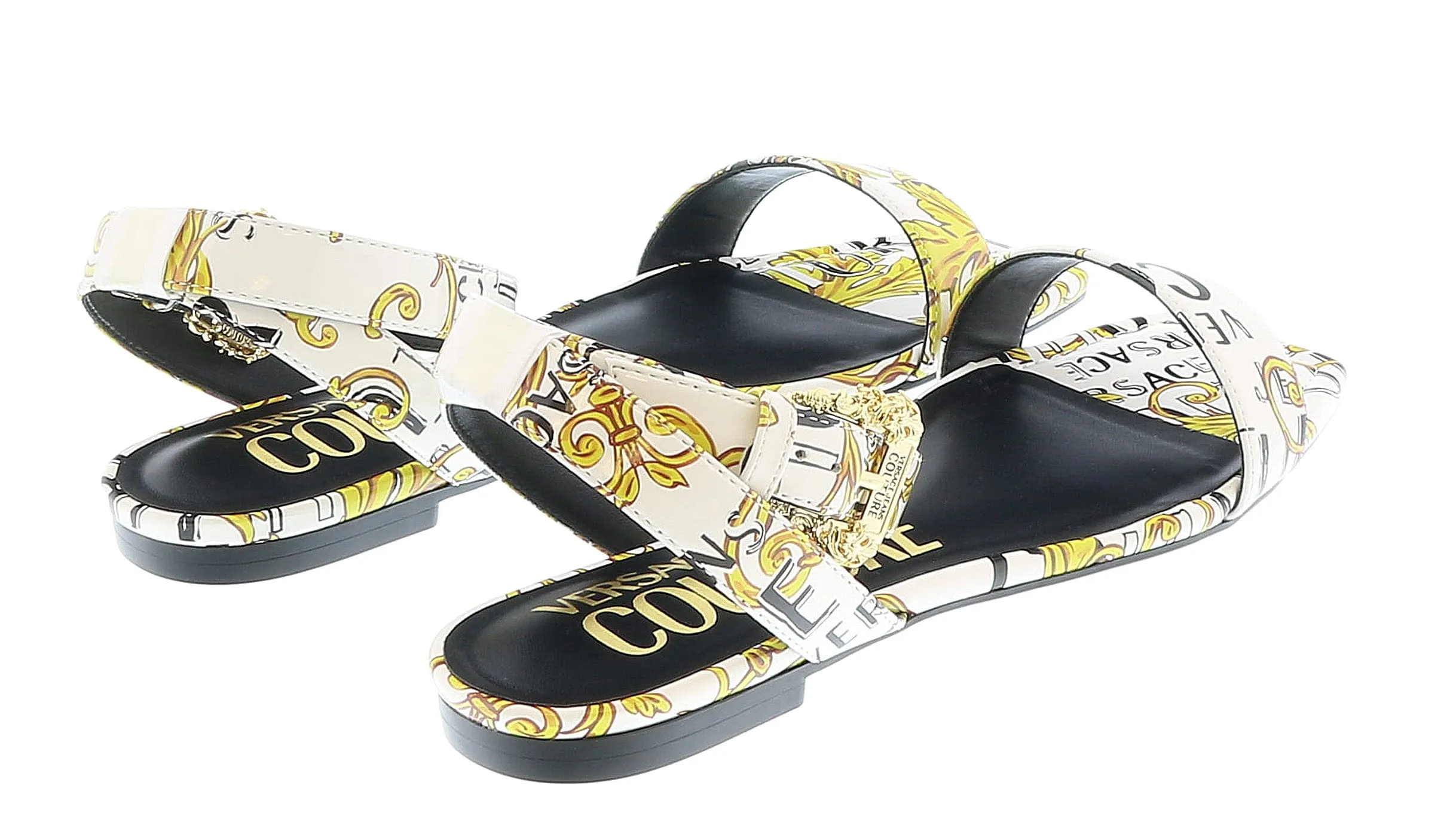 Versace Jeans Couture White Gold Logo Baroque Flat Sandals-