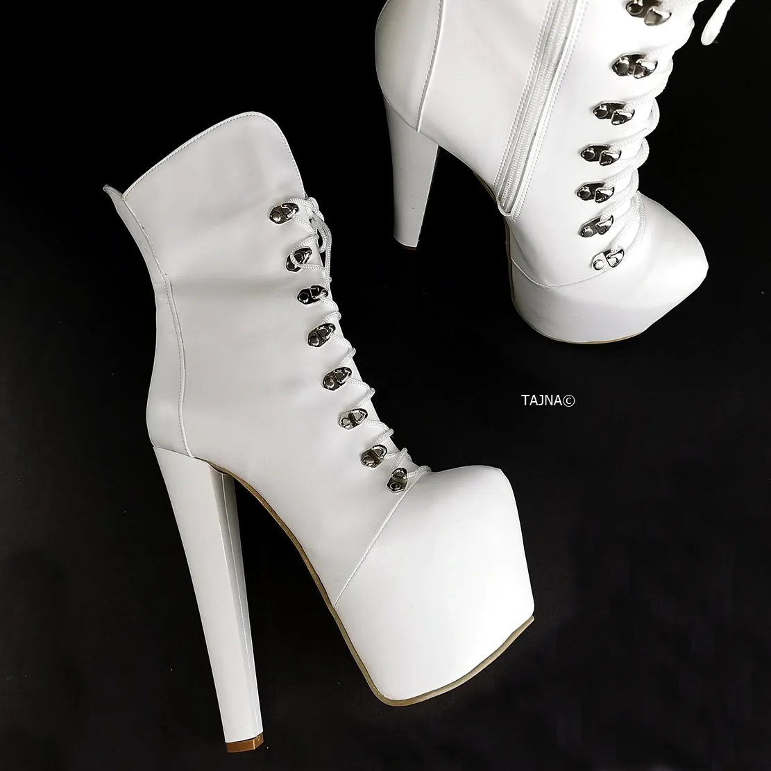 White Chunky Heel Military Style Boots