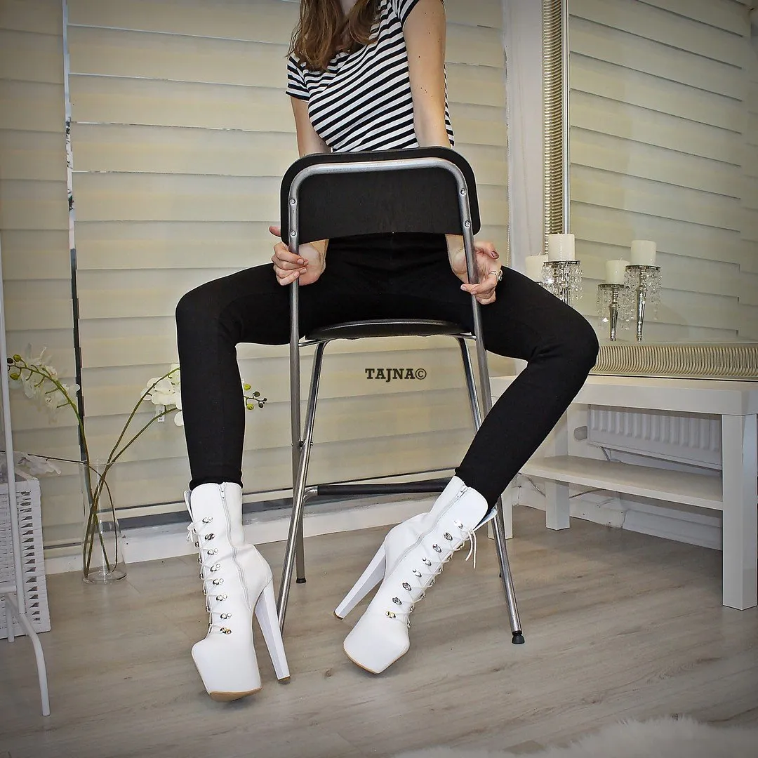 White Chunky Heel Military Style Boots