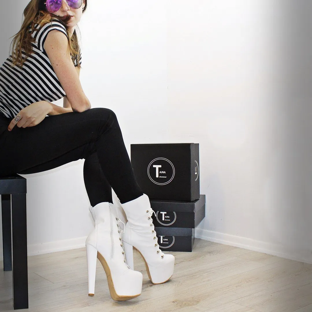 White Chunky Heel Military Style Boots