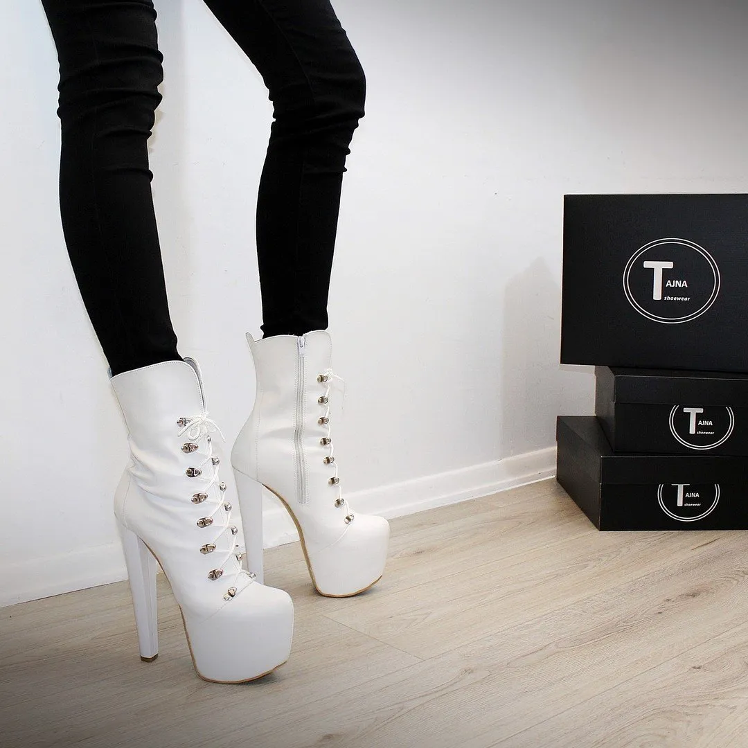 White Chunky Heel Military Style Boots