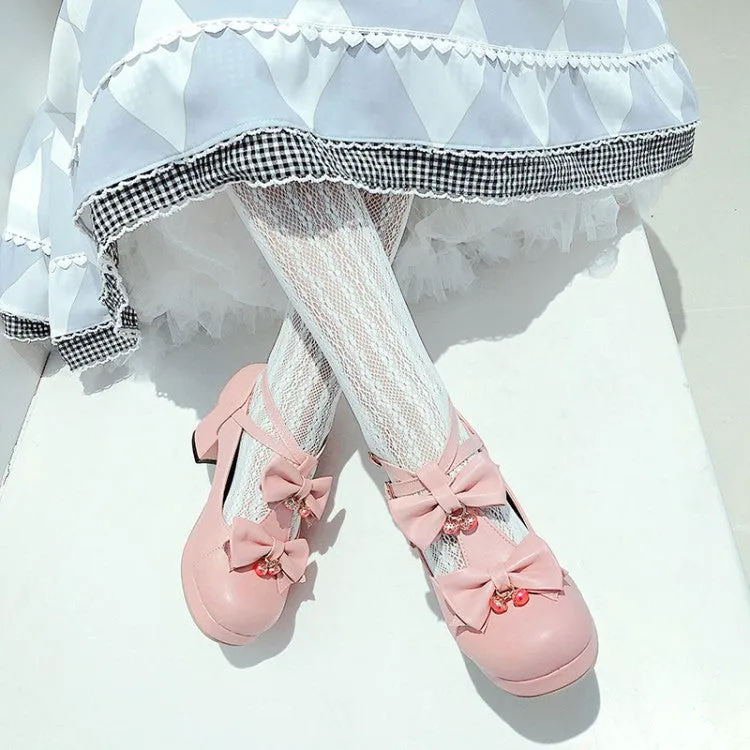 Women Bow Tie Shallow Ankle Strap Block Chunky Heel Platform Pumps
