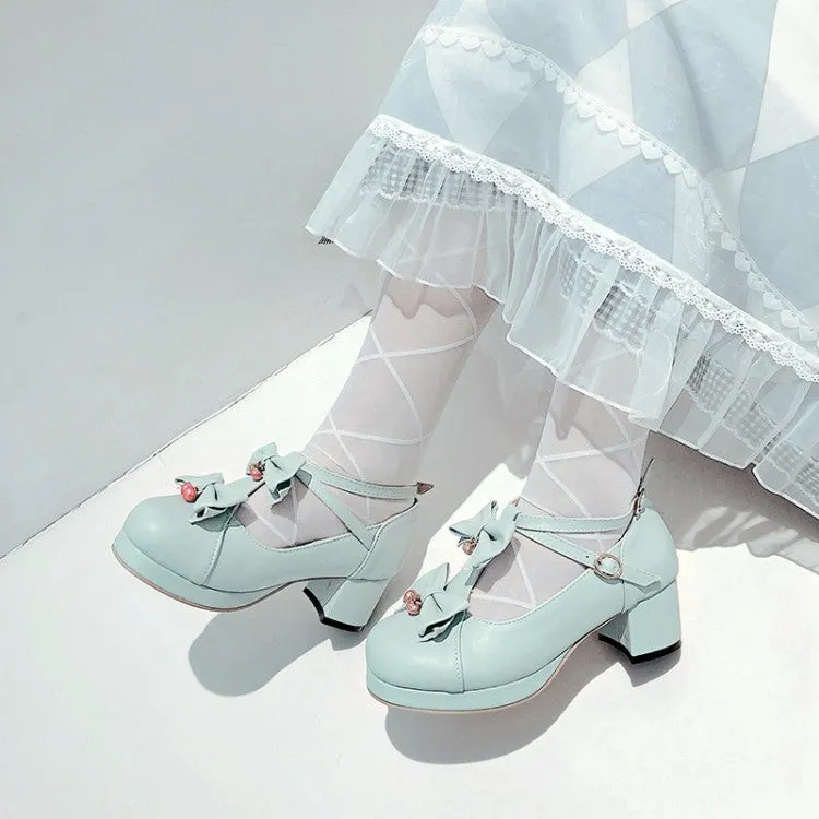 Women Bow Tie Shallow Ankle Strap Block Chunky Heel Platform Pumps