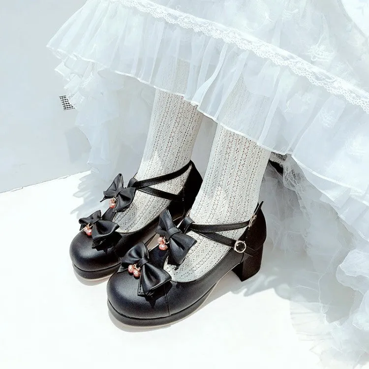 Women Bow Tie Shallow Ankle Strap Block Chunky Heel Platform Pumps