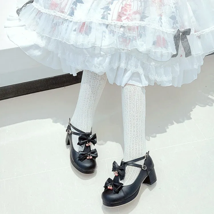 Women Bow Tie Shallow Ankle Strap Block Chunky Heel Platform Pumps