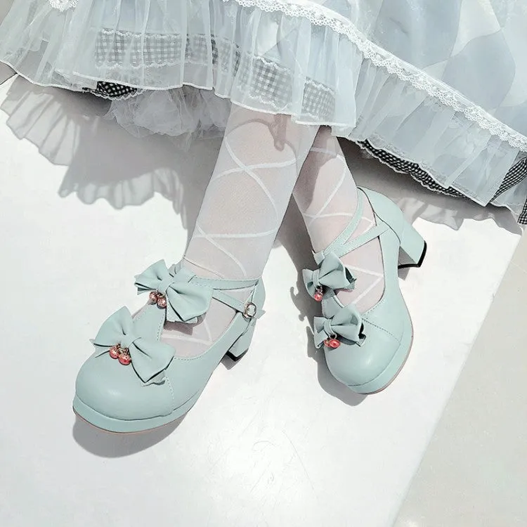Women Bow Tie Shallow Ankle Strap Block Chunky Heel Platform Pumps