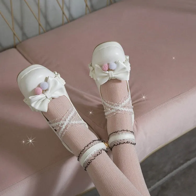 Women Lace Bow Tie Shallow Ankle Strap Chunky Heel Platform Pumps
