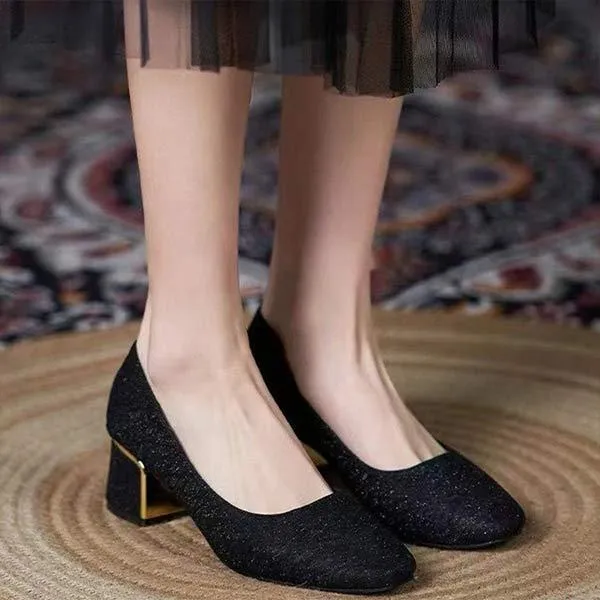 Women's Chunky Heel Glitter Pumps with a Minimalist Touch 74577437C