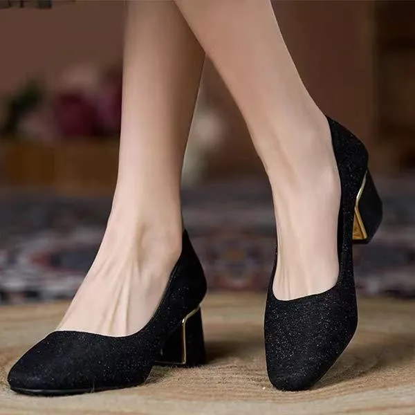 Women's Chunky Heel Glitter Pumps with a Minimalist Touch 74577437C