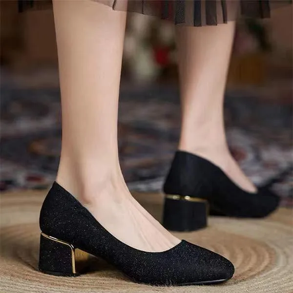 Women's Chunky Heel Glitter Pumps with a Minimalist Touch 74577437C