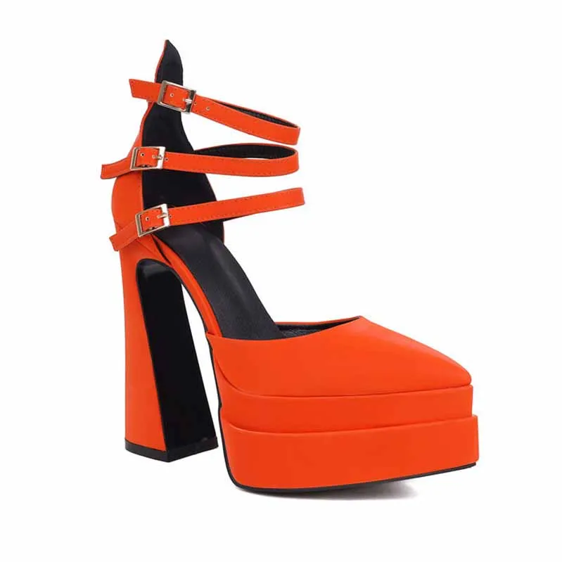 Women's Platform Pumps Chunky Ankle Strap Round Toe High Heel Shoes