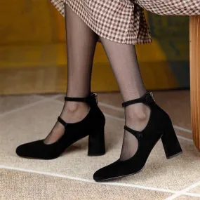 Women's Pointed-Toe Chunky Heel Suede Pumps 73280046C